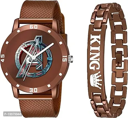 Kiarvi Gallery Analogue Avenger Print Dial PU Strap and King Bracelet Combo for Boys and Men's Watches(Combo of 2) (Brown)