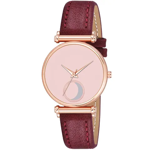 KIARVI GALLERY Clusal Analogue Moon Dial Unique Designer Leather Strap Watch for Girl's and Women's (Maroon)