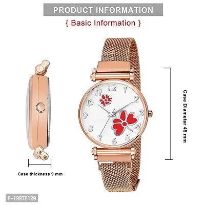 KIARVI GALLERY Clausal Flower Designer Multicolored Dial Rose Gold Magnetic Metal Strap Analog Watch for Girl's and Women (Rose Gold Red Flower)-thumb5