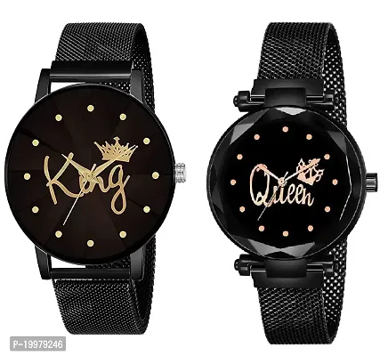 KIARVI GALLERY Causal King and Queen Dial Couples Unique Design Magnetic Metal Strap Analog Men's and Women's Watch(Pack of 2) (Black)