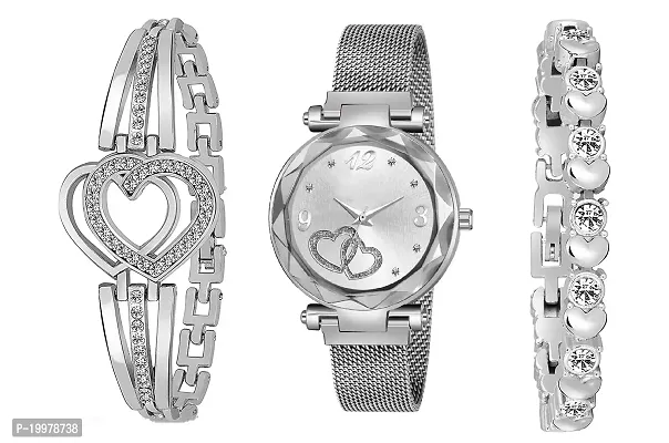 KIARVI GALLERY Branded Silver Heart Dial Magnet Strap Analog Watch for Girls or Women and Present Gift Bracelet Combo for Girls and Women(Combo of 3)