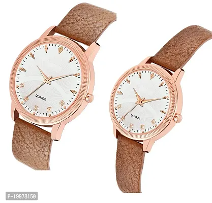 KIARVI GALLERY Brown Romen Digit White Dial Leather Strap Lovers Couple Analogue Men  Women's Watch (Pack of 2)-thumb2