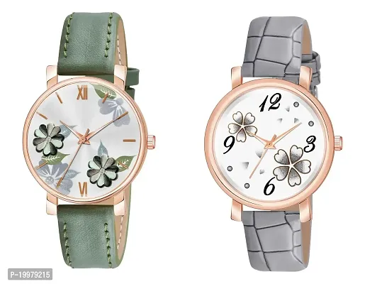 KIARVI GALLERY Analogue Round Dial Dual Flower Premium Leather Strap Watch for Girls and Women (Pack of -2, Grey-Black) (Green-Grey)