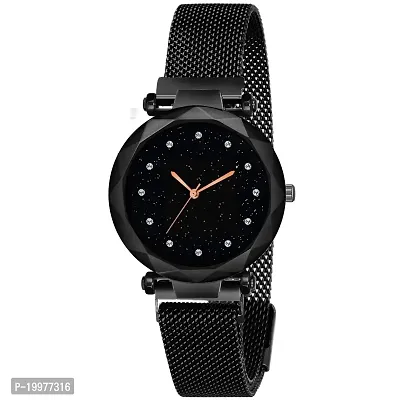 KIROHreg; Black 12 Diamond Dial Magnetic Metal Strap Analog Watch for Girl's and Women-thumb0