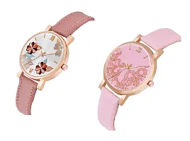 KIARVI GALLERY Analogue Pack of 2 Flower Designer Dial Leather Strap Women's and Girl's Watch (Peach and Pink)-thumb1