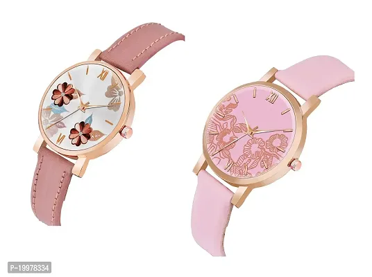 KIARVI GALLERY Analogue Pack of 2 Flower Designer Dial Leather Strap Women's and Girl's Watch (Peach and Pink)-thumb2