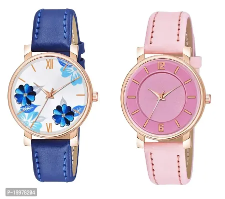 KIARVI GALLERY Analogue Pack of 2 Flowered and 6 to 12 Antique Dial Unique Designer Leather Strap Women's and Girl's Watch (Blue-Pink)-thumb0