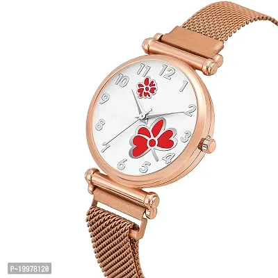 KIARVI GALLERY Clausal Flower Designer Multicolored Dial Rose Gold Magnetic Metal Strap Analog Watch for Girl's and Women (Rose Gold Red Flower)-thumb3