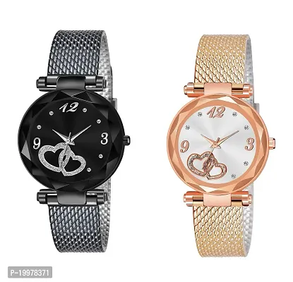 KIARVI GALLERY Black and Rose Gold Heart Dial Designer PU Strap Analog Watch for Girl's and Women (Pack of 2) (Black Gold) (Black-Gold)