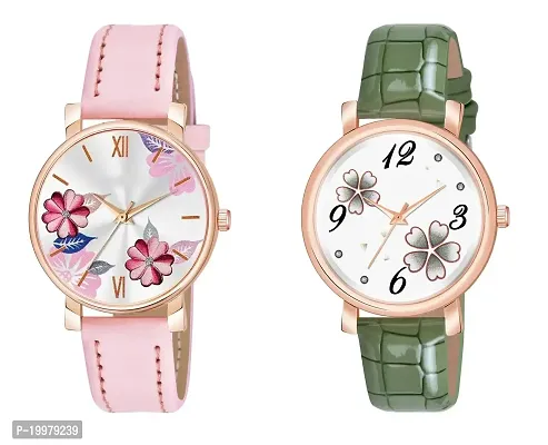 KIARVI GALLERY Analogue Round Dial Dual Flower Premium Leather Strap Watch for Girls and Women (Pack of -2, Grey-Black) (Pink-Green)-thumb0