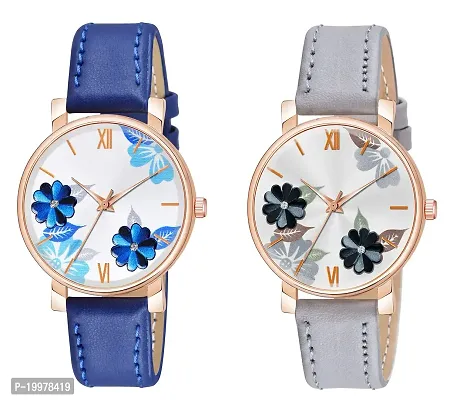 KIARVI GALLERY Analogue Flowered Dial Unique Designer Leather Strap Women's and Girl's Watch (Blue-Grey)-thumb0