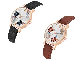 KIARVI GALLERY Analogue Flowered Dial Unique Designer Leather Strap Women's and Girl's Watch (Black- Brown)-thumb1