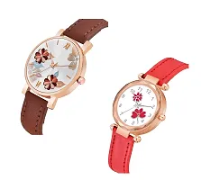 KIARVI GALLERY Analogue Pack of 2 Multicolored Flower Designer Leather Strap Women's and Girl's Watch (Brown-Red)-thumb1