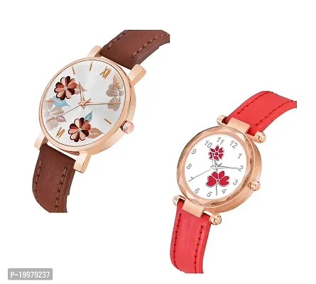 KIARVI GALLERY Analogue Pack of 2 Multicolored Flower Designer Leather Strap Women's and Girl's Watch (Brown-Red)-thumb2