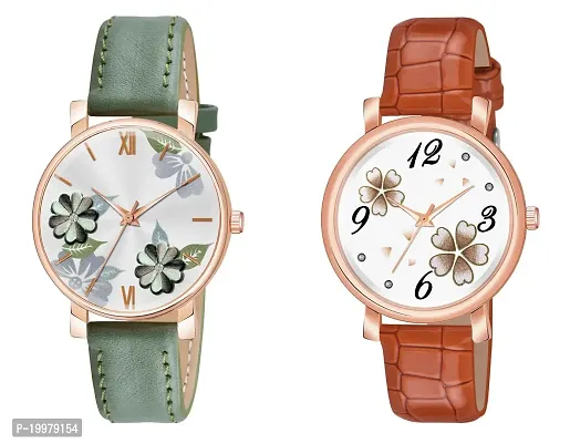 KIARVI GALLERY Analogue Round Dial Dual Flower Premium Leather Strap Watch for Girls and Women (Pack of -2, Grey-Black) (Green-Brown)-thumb0