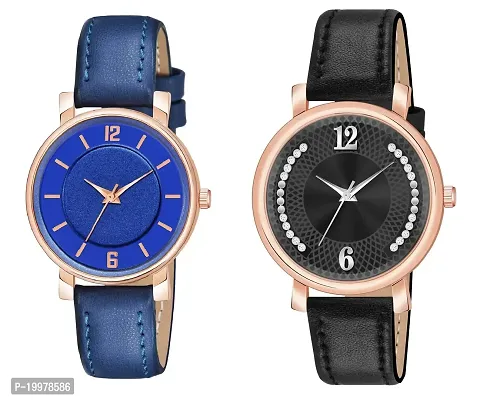 KIROH Analog Round Dial Designer Premium Leather Strap Analog Watch for Girls  Women(GRN-GRN) (Blue-Black)