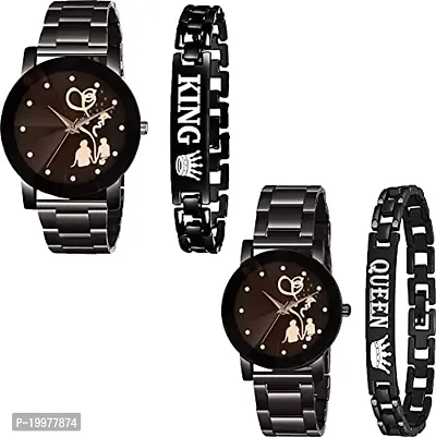 KIARVI GALLERY Lover Tree Couple Printed Couple Metal Strap Analog Watch and King Queen Bracelet for Men and Women(Pack of 4, Black Colored)