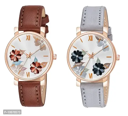 KIARVI GALLERY Analogue Flowered Dial Unique Designer Leather Strap Women's and Girl's Watch (Brown-Grey)