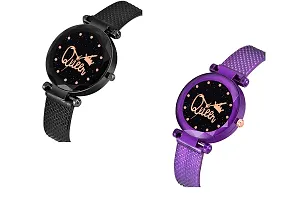 Analogue Queen Dial Pack of 2 Combo PU Strap Analog Watches for Girls and Women (Pack of 2) (Black and Purple)-thumb1