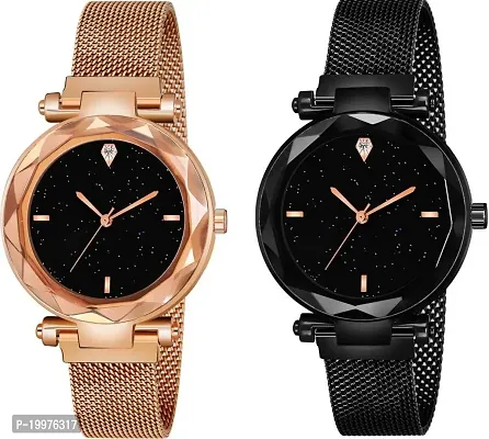 Kiarvi Gallery Black dial and 4 figer with Gold and Black Magnetic Buckle Starry Belt Analog Watch Quartz Watch for Women-thumb0