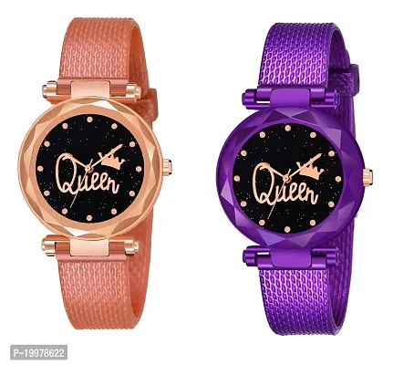 KIARVI GALLERTY Analogue Queen Dial Rose Gold and Purple Combo PU Strap Analog Watch for Girls and Women (Pack of 2)