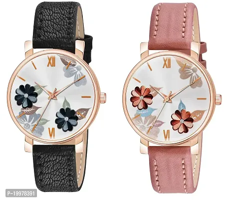 KIARVI GALLERY Analogue Flowered Dial Unique Designer Leather Strap Women's and Girl's Watch (Peach-Black)-thumb0