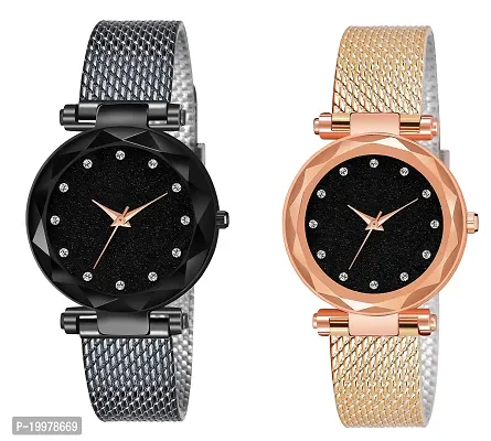 KIARVI GALLERY Clausal Analog 12 DM Dial Pack of 2 Combo PU Belt Analog Watches for Girls and Women (Pack of 2) (Black-Gold-12DM)