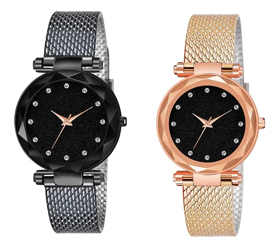 KIARVI GALLERY Clausal Analog 12 DM Dial Pack of 2 Combo PU Belt Analog Watches for Girls and Women (Pack of 2) (Black-Gold-12DM)