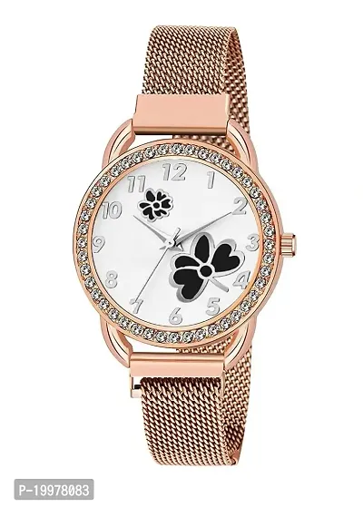 KIARVI GALLERY Casual Analogue Flower Printed Dial Full Diamond Designer Magnetic Metal Strap Analog Girl's and Women's Watch (Rose Gold Colored Strap) (Rose Gold -Black)-thumb0