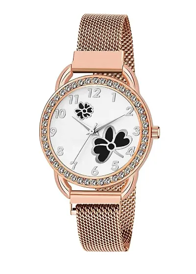 KIARVI GALLERY Casual Analogue Flower Printed Dial Full Diamond Designer Magnetic Metal Strap Analog Girl's and Women's Watch (Rose Gold Colored Strap)