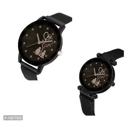 KIARVI GALLERY Causal Lovers Couples Unique Design Magnetic Metal Strap Analog Men's and Women's Watch(Pack of 2) (Sit Black)-thumb2