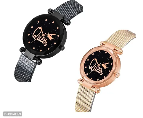 Analogue Queen Dial Pack of 2 Combo PU Strap Analog Watches for Girls and Women (Pack of 2) (Black and Gold)-thumb2
