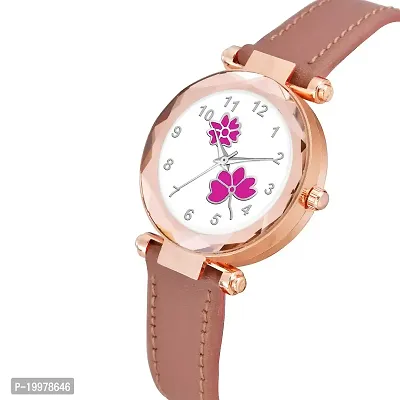 KIARVI GALLERY Analogue Flower Designer Leather Strap Women's and Girl's Watch (Peach-Pink)-thumb2