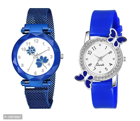 KIARVI GALLERY Analogue Flower Dial Magnetic and White Dial Butterfly Pu Strap Combo Girl's and Women's Watch (Blue-Blue)