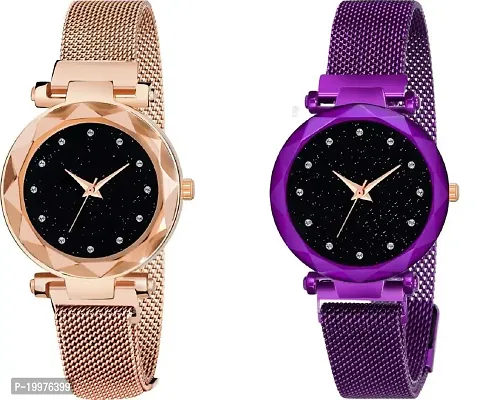 KIARVI GALLERY Black dial 12 Diamond Studded with Gold and Purple Magnetic Strap Analog Watch - for Girls Analog Watch - for Girls