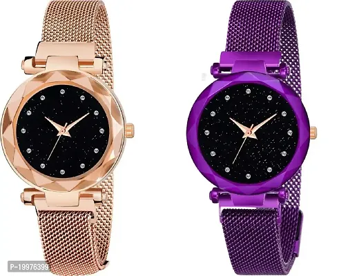 KIARVI GALLERY Black dial 12 Diamond Studded with Gold and Purple Magnetic Strap Analog Watch - for Girls Analog Watch - for Girls-thumb0