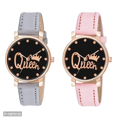 KIARVI GALLERY Analogue Queen Designer Dial Leather Strap Combo Watch for Girls and Women(Blue-Brown) (Grey-Pink)