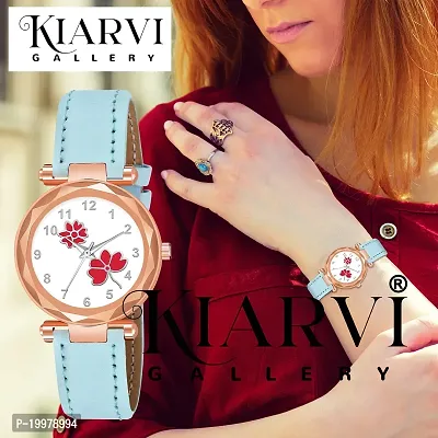 KIARVI GALLERY Analogue Flower Designer Leather Strap Women's and Girl's Watch (Sky Blue-Red)-thumb5