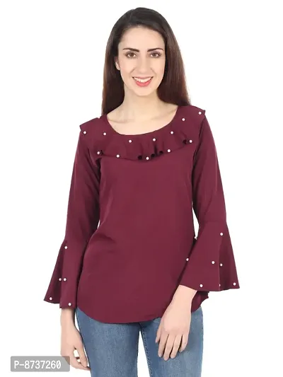 Stylish Crepe Solid Round Neck Bell Sleeves Top For Women-thumb0