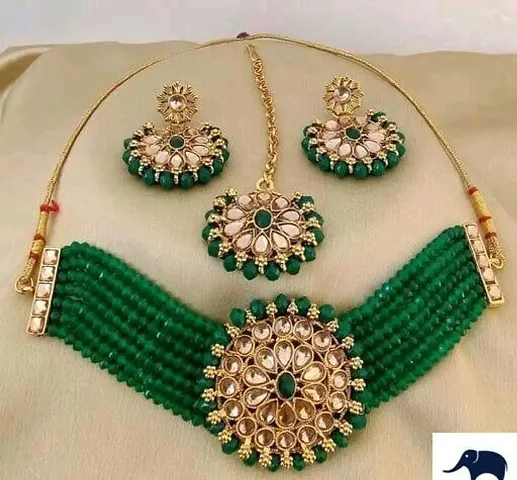 Trendy Kundan Beads Layered Choker Set With MaangTikka