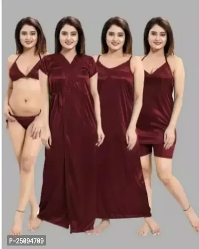 Stylish Maroon Cotton Blend Nighty Set For Women- 6 Pieces