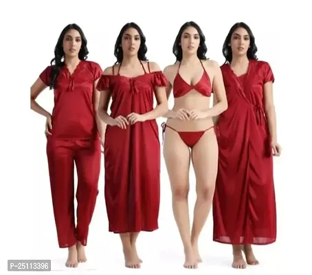 Stylish Red Cotton Blend Nighty Set For Women- 6 Pieces-thumb0