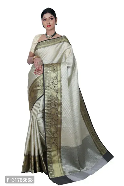 Beautiful White Poly Banarasi Silk Woven Design Saree with Blouse Piece For women-thumb0