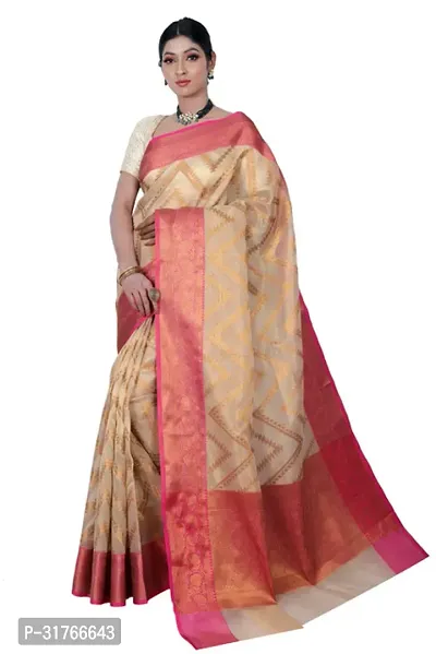 Beautiful Cream Poly Banarasi Silk Woven Design Saree with Blouse Piece For women-thumb0