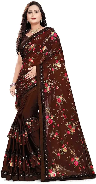 Barebeauty Women's Baluchari Lycra Blend Saree With Unstiched Blouse Piece