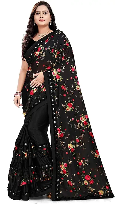 Barebeauty Women's Baluchari Lycra Blend Saree With Unstiched Blouse Piece