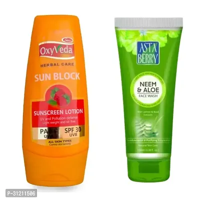 Simco Oxyveda Sun Block Sunscreen Lotionastaberry Neem Aloe Deep Cleansing Face Wash Combo-thumb0