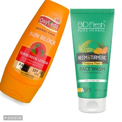 Simco Oxyveda Sun Block Sunscreen Lotion Biofresh Neem Turmeric Face Wash Combo-thumb0