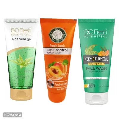 B I O F R E S H Organic Aloe Vera Gel fresh look acne control apricot scrub BioFresh Neem  Turmeric Face Wash combo-thumb0