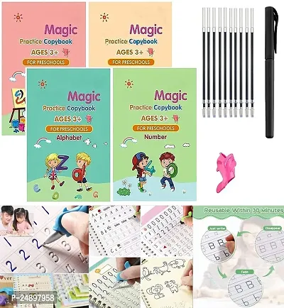 Sank Magic Practice Copybook, (4 BOOK + 10 REFILL+ 2 Pen +2 Grip) Number Tracing Book for Preschoolers with Pen, Magic Calligraphy Copybook Set Practical Reusable Writing Tool Simple Hand Lettering-thumb0